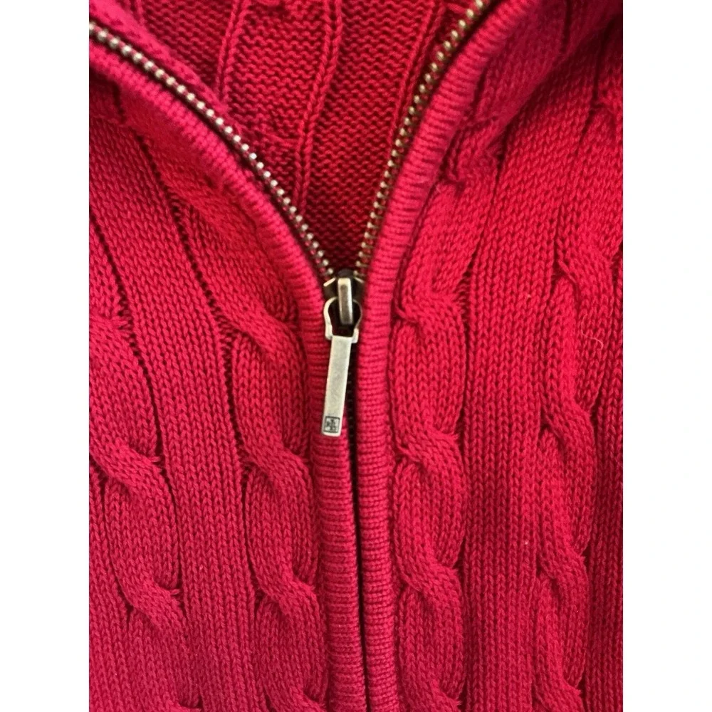 Lauren Ralph Lauren Sweater Womens L Red Cable Full Zip Brass Buckles Pockets